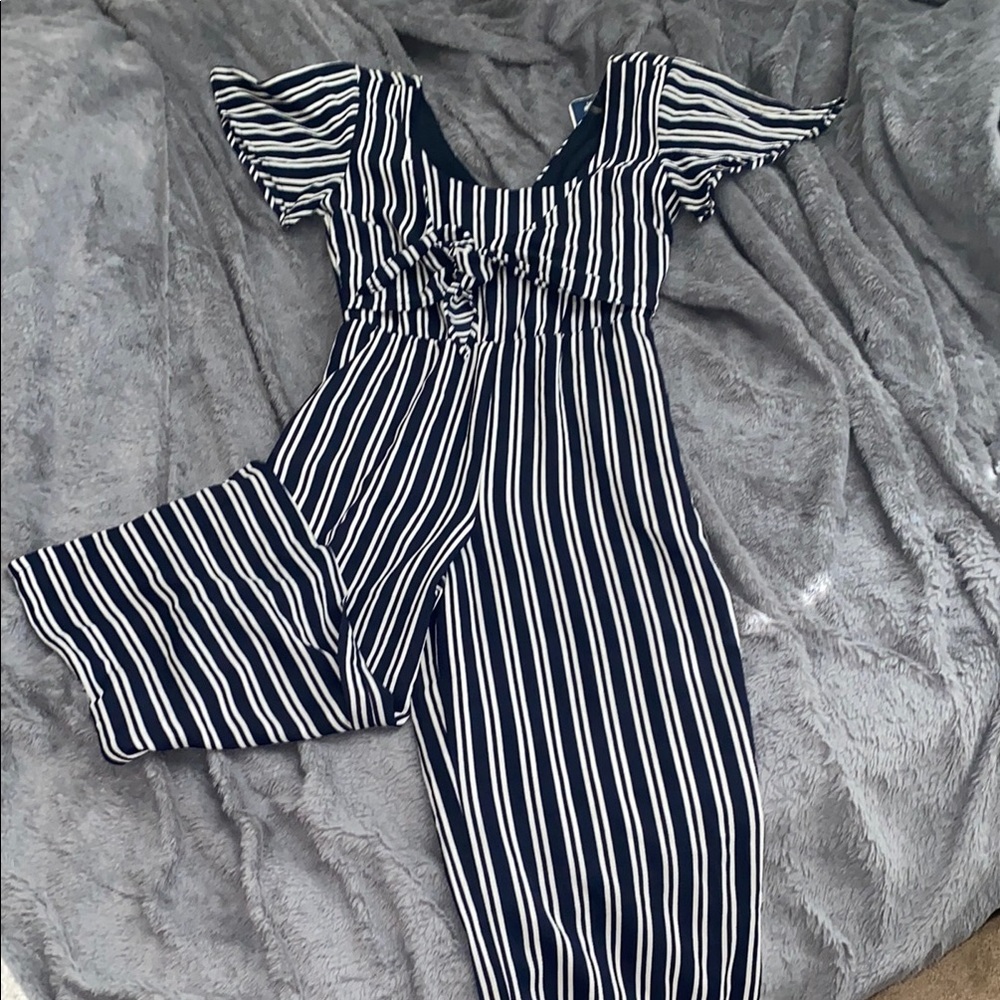 Crystal Doll Blue and White Striped Jumpsuit with Flutter Sleeves